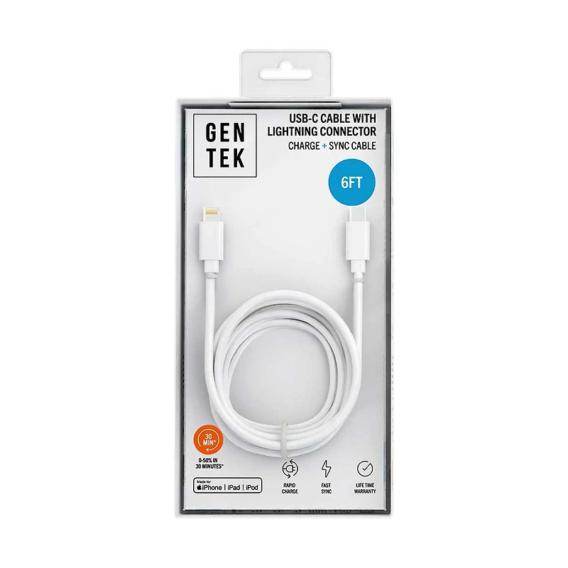 GENTEK USB-C to Lightning Phone Charger, Black, 6 ft