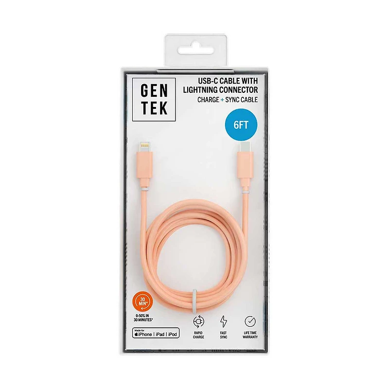 GENTEK USB-C to Lightning Phone Charger, Blue or Pink, 6 ft