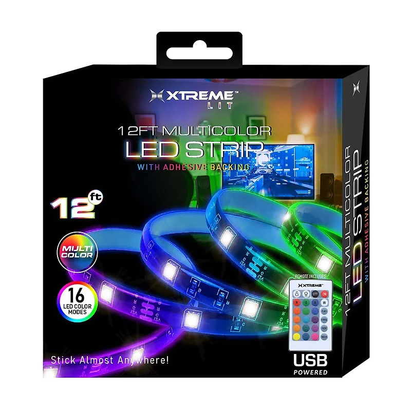Xtreme Lit Multicolor LED Light Strip with Remote Control, 12 Feet