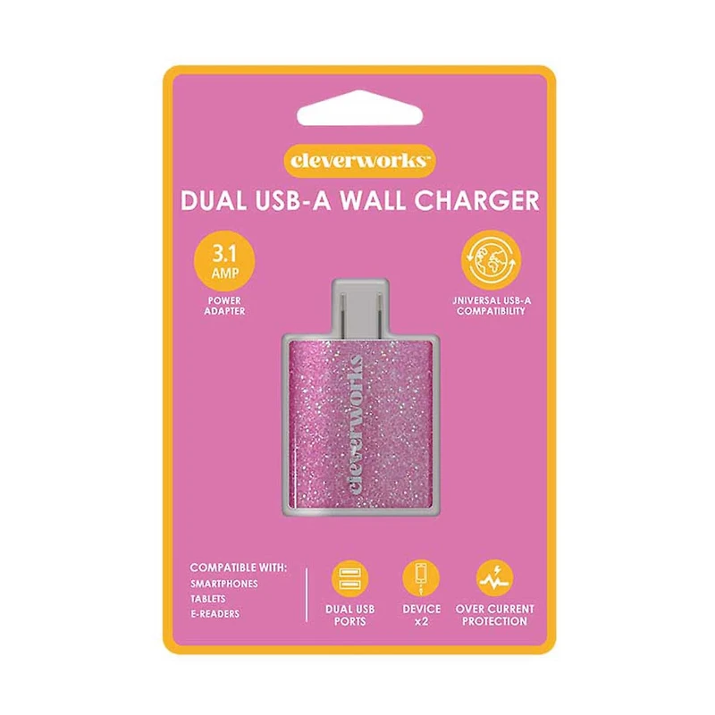 Cleverworks USB-A Wall Dual Port, Pink Glitter