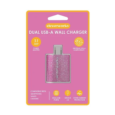 Cleverworks USB-A Wall Dual Port, Pink Glitter