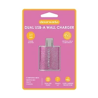 Cleverworks USB-A Wall Dual Port, Pink Glitter