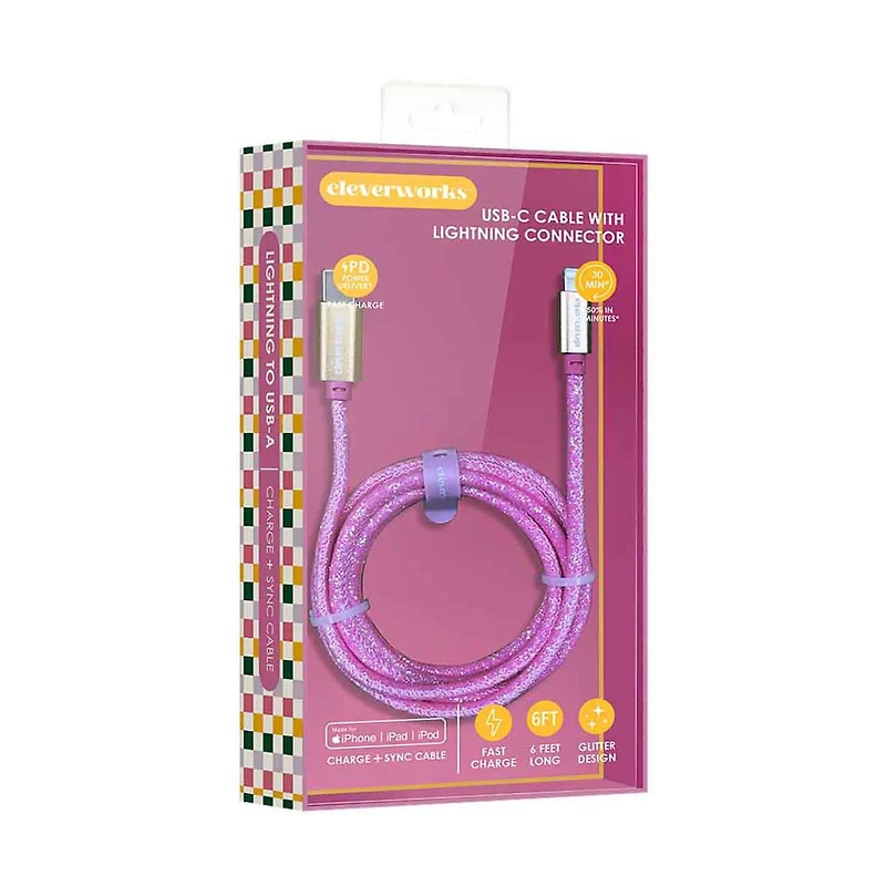 Cleverworks Lightning to USB-C Cable, 6 ft, Glitter