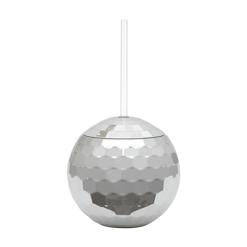 Silver Disco Ball Shaped Plastic Cup with Straw, 19.5 oz