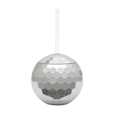 Silver Disco Ball Shaped Plastic Cup with Straw, 19.5 oz