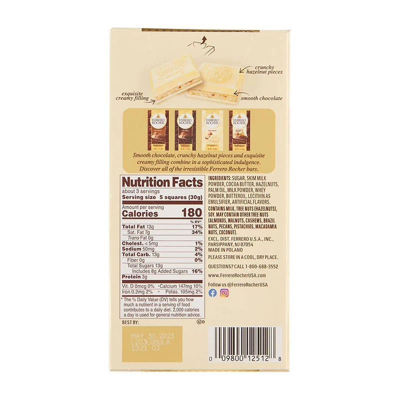 Ferrero Rocher White Hazelnut Chocolate Bar, 3.1 oz