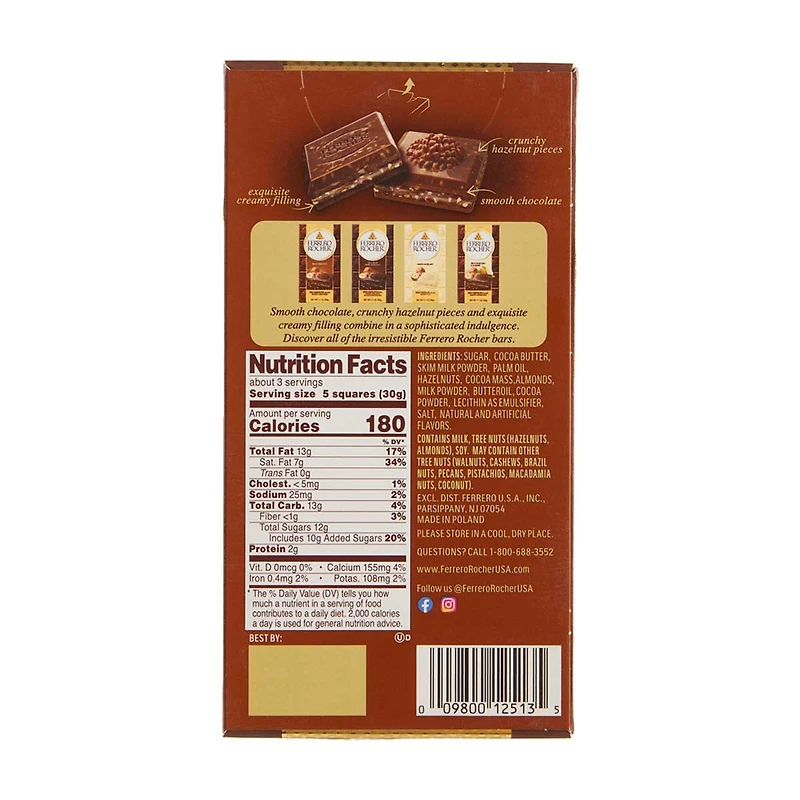 Ferrero Rocher Milk Hazelnut & Almond Chocolate Bar, 3.1 oz