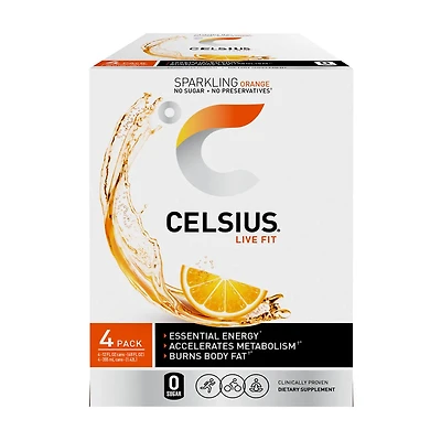 Celsius Sparkling Orange, Essential Energy Drink, 12 fl oz Can, Pack of 4