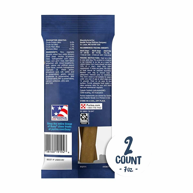 Purina Busy Bone Long Lasting Dog Treats, Peanut Butter Flavor, 2 ct