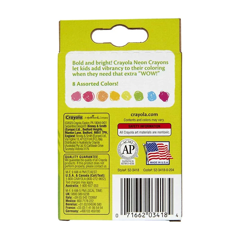 Crayola Nontoxic Neon Crayons, Pack of 8