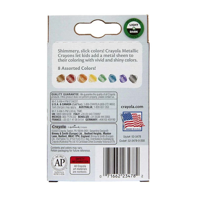 Crayola Metallic Nontoxic Crayons, Pack of 8