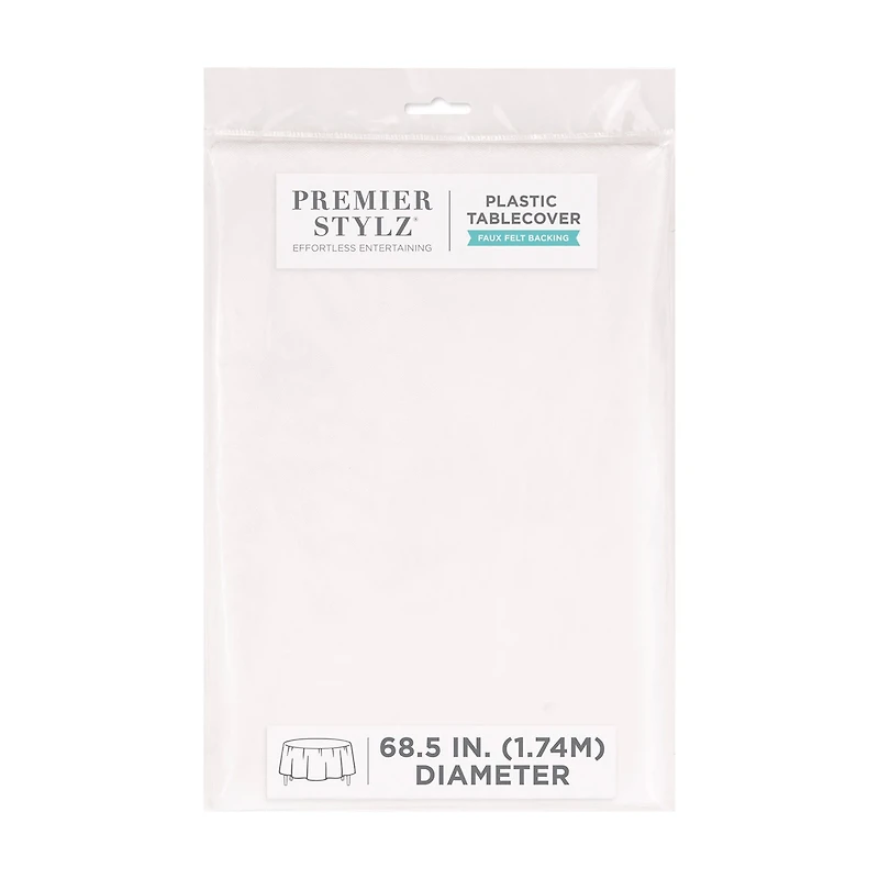 Premier Stylz Round Vinyl Tablecover with Felt Backing, White, 68.5 in
