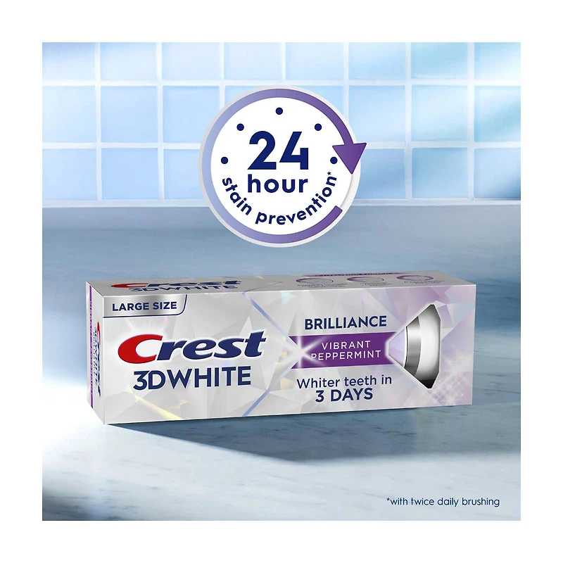 Crest 3D White Brilliance Vibrant Peppermint Teeth Whitening Toothpaste, 4.6 oz, Whiter Teeth in 3 Days, Anticavity Fluoride Toothpaste, 100% More Surface Stain Removal, 24 Hour Active Stain Prevention
