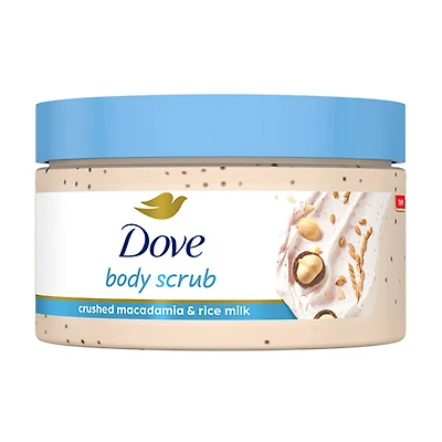 Dove Body Scrub for Visibly Silky-Smooth, Nourished Skin, Crushed Macadamia & Rice Milk with ¼ Moisturizing Cream, 3.5 oz