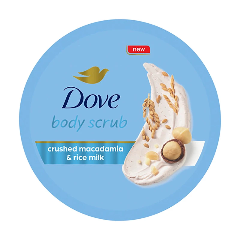Dove Body Scrub for Visibly Silky-Smooth, Nourished Skin, Crushed Macadamia & Rice Milk with ¼ Moisturizing Cream, 3.5 oz