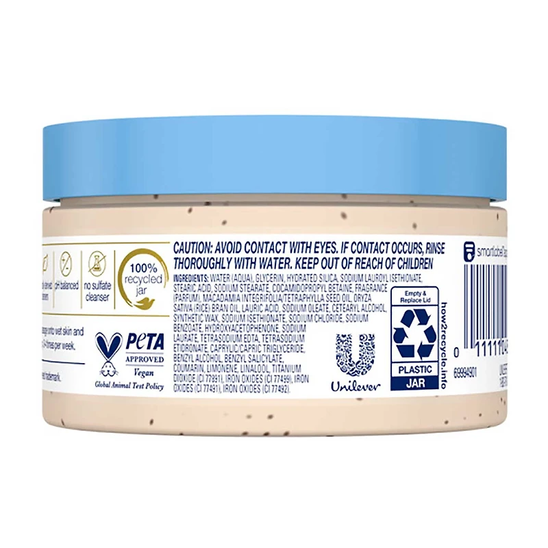Dove Body Scrub for Visibly Silky-Smooth, Nourished Skin, Crushed Macadamia & Rice Milk with ¼ Moisturizing Cream, 3.5 oz