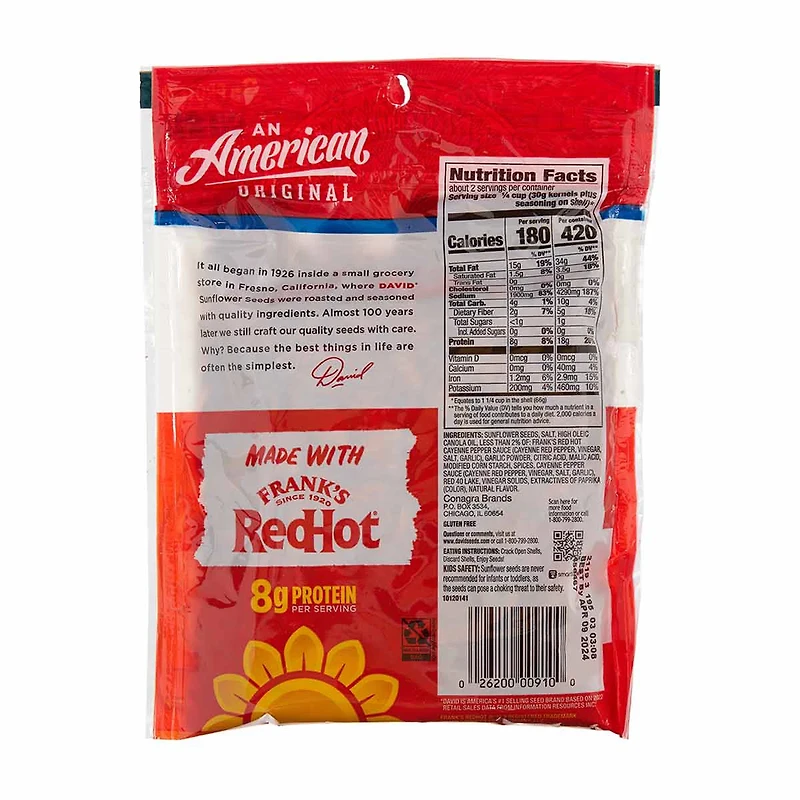 David Frank's Redhot Sunflower Seeds, Salted & Roasted, Jumbo, 5.25 oz