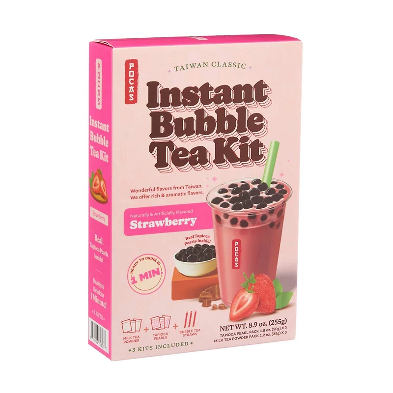 Pocas Taiwan Classic Instant Bubble Tea Kit, Strawberry, 8.9 oz