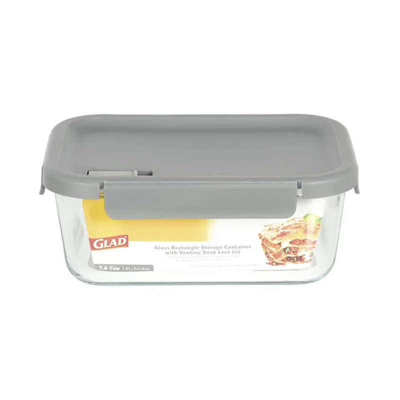 Glad Glass Rectangle Storage Container with Venting Snap Lock Lid, 7.6 cup