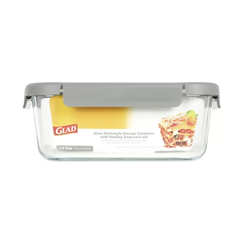 Glad Glass Rectangle Storage Container with Venting Snap Lock Lid, 7.6 cup
