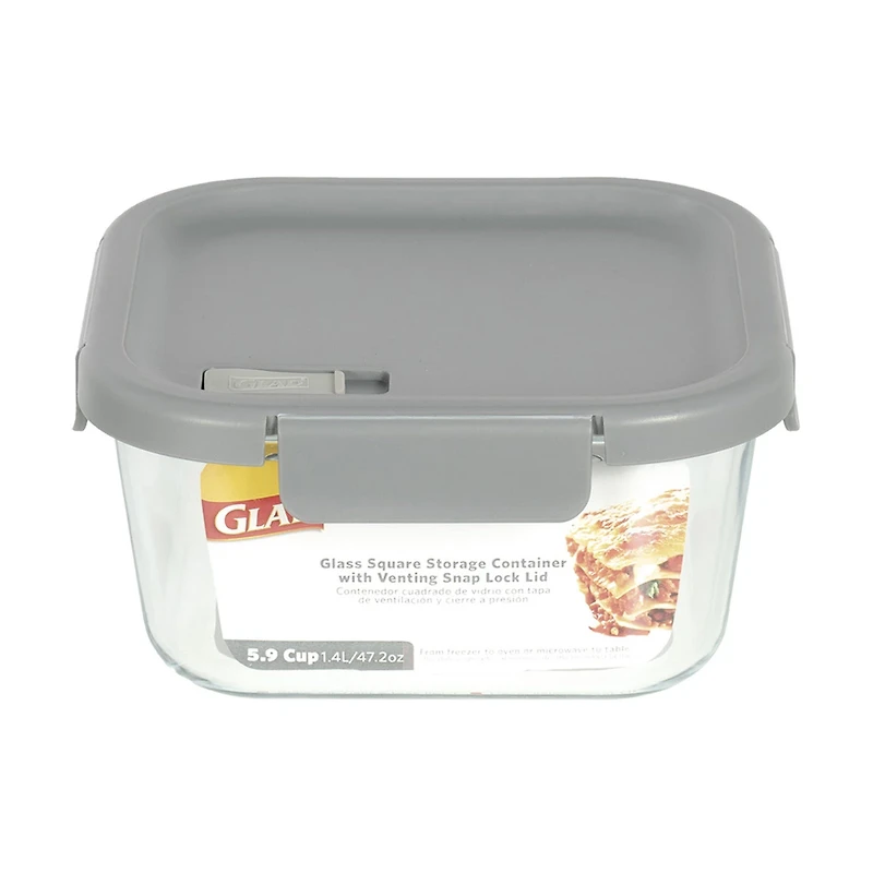 Glad Glass Square Storage Container with Venting Snap Lock Lid, 5.9 cup