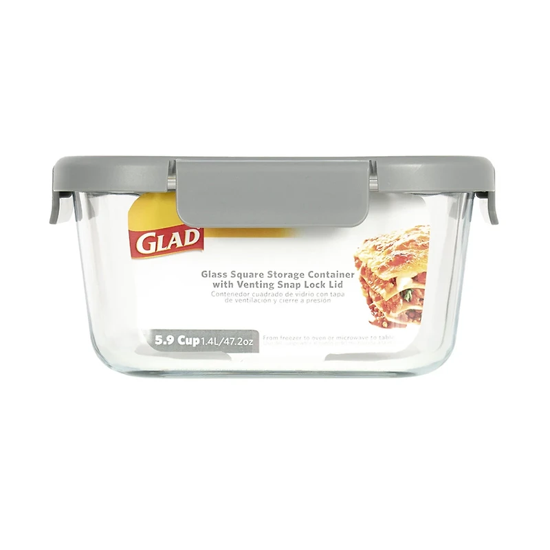 Glad Glass Square Storage Container with Venting Snap Lock Lid, 5.9 cup