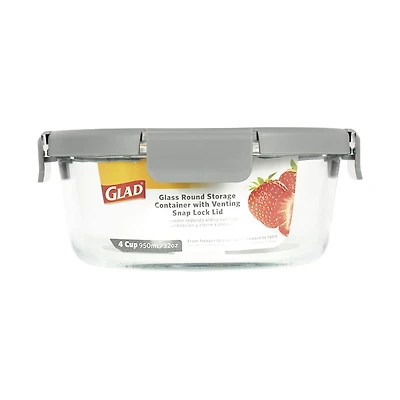 Glad Glass Round Storage Container with Venting Snap Lock Lid, 4 cup