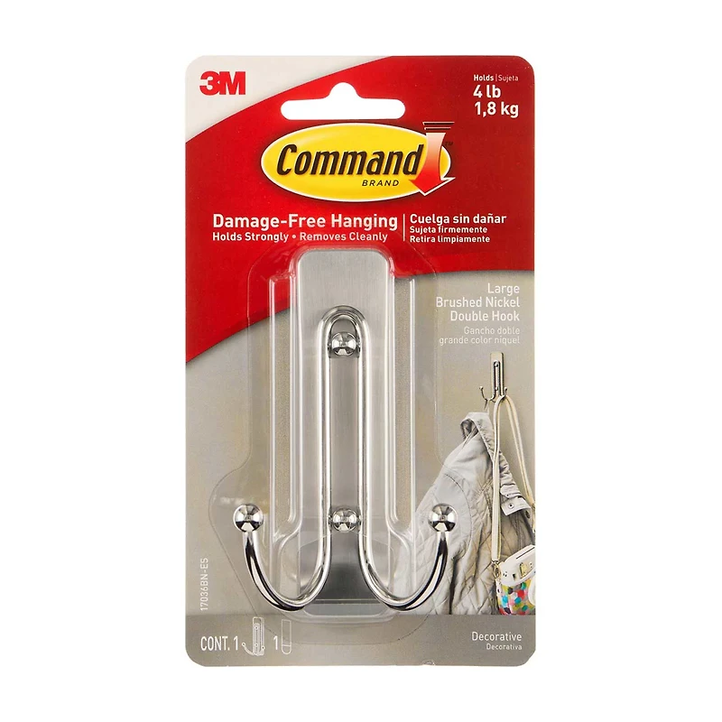 Command™ Large Brushed Nickel Double Hook, 1 Hook, 1 Strip