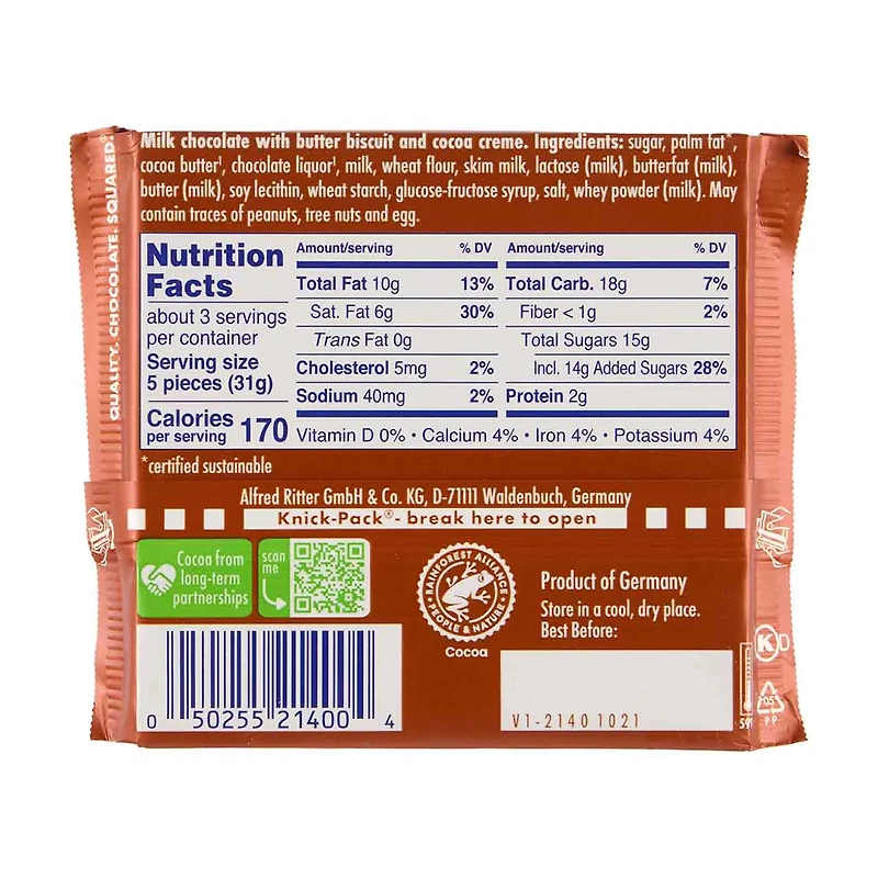 Ritter Sport Milk Chocolate with Butter Biscuit & Cocoa Cream, 3.5 oz