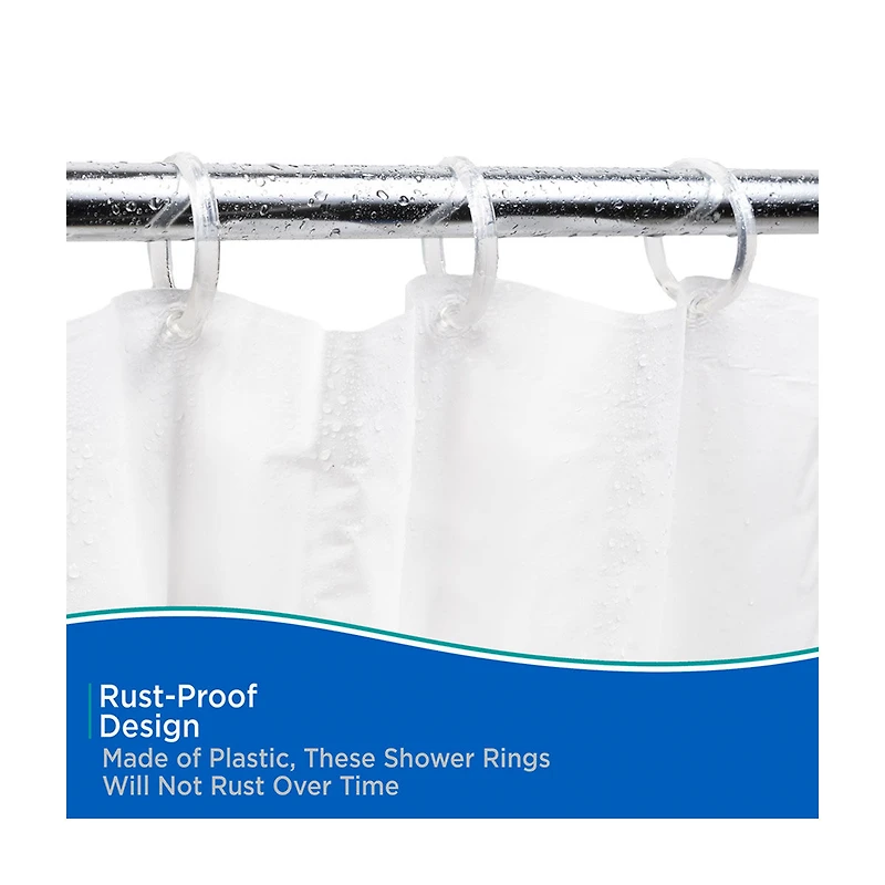 Kenney Rust Proof Smooth Plastic Shower Curtain Rings, 12 pc, Clear