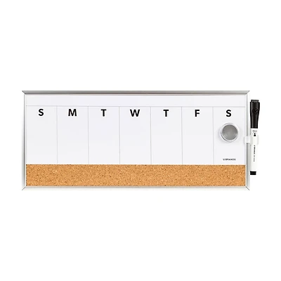 U Brands Magnetic Dry Erase Weekly Calendar Board With Cork Strip, 7 in x 16 in