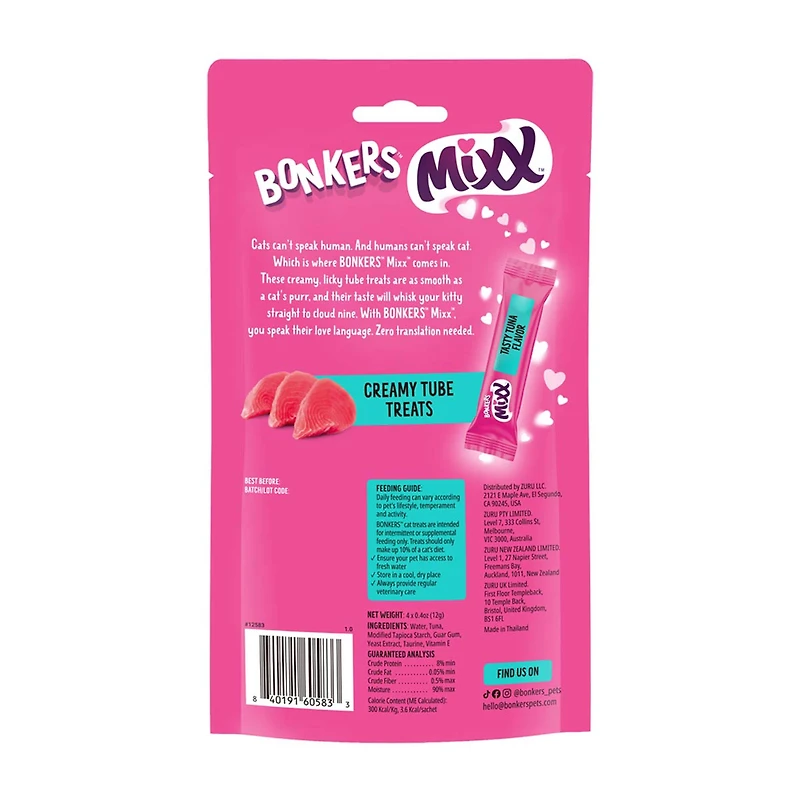Bonkers Mixx Tasty Tuna Flavor Creamy Tube Cat Treats, 4 ct