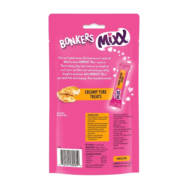 Bonkers Mixx Tender Chicken Flavor Creamy Tube Cat Treats, 4 ct