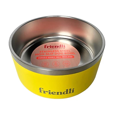 Friendli Stainless Steel Double Wall Dog Bowl, 32 oz, Sunshine Yellow