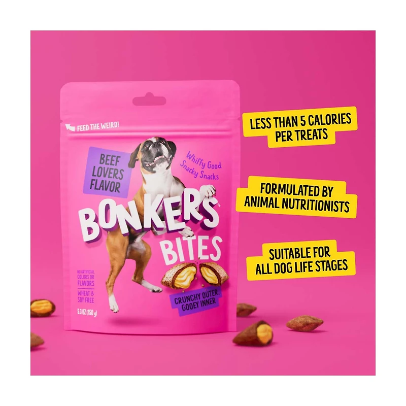 BONKERS Dog Bites, Crunchy & Soft Beef Lovers Flavored Dog Treats, 5.3oz / 150g