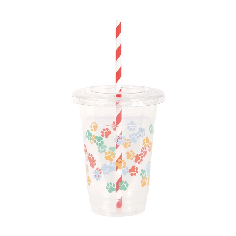 Pawty Animals Paw Print Plastic Party Cups with Lid and Paper Straws, 16 oz. 8 c