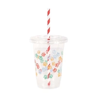 Pawty Animals Paw Print Plastic Party Cups with Lid and Paper Straws, 16 oz. 8 c