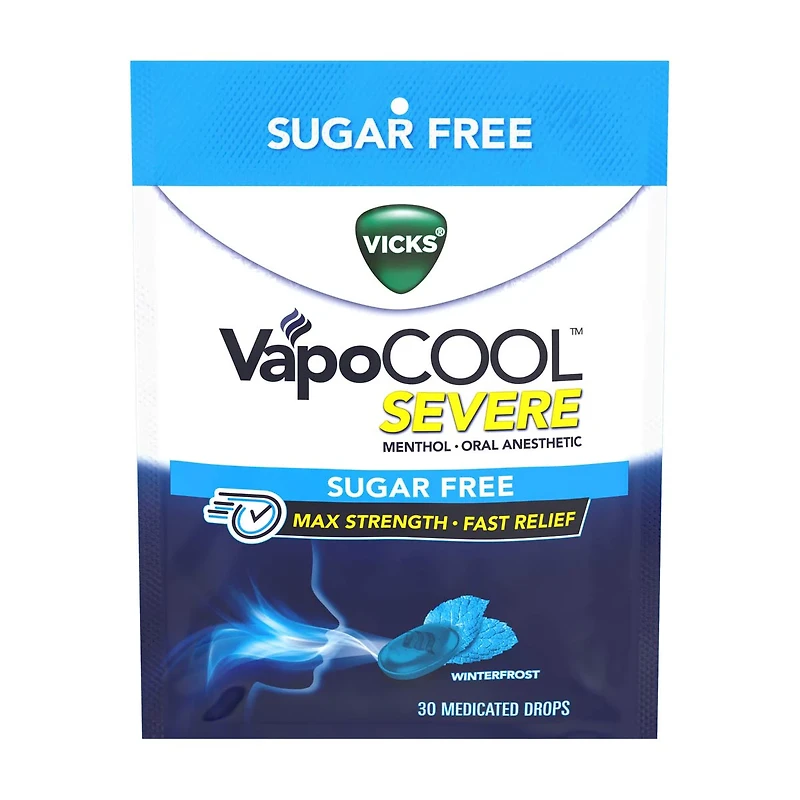 Vicks VapoCool Severe Sugar Free, Medicated Sore Throat Drops, Max Strength Menthol, Soothes Sore Throat Pain, Winterfrost Flavor, 30 ct