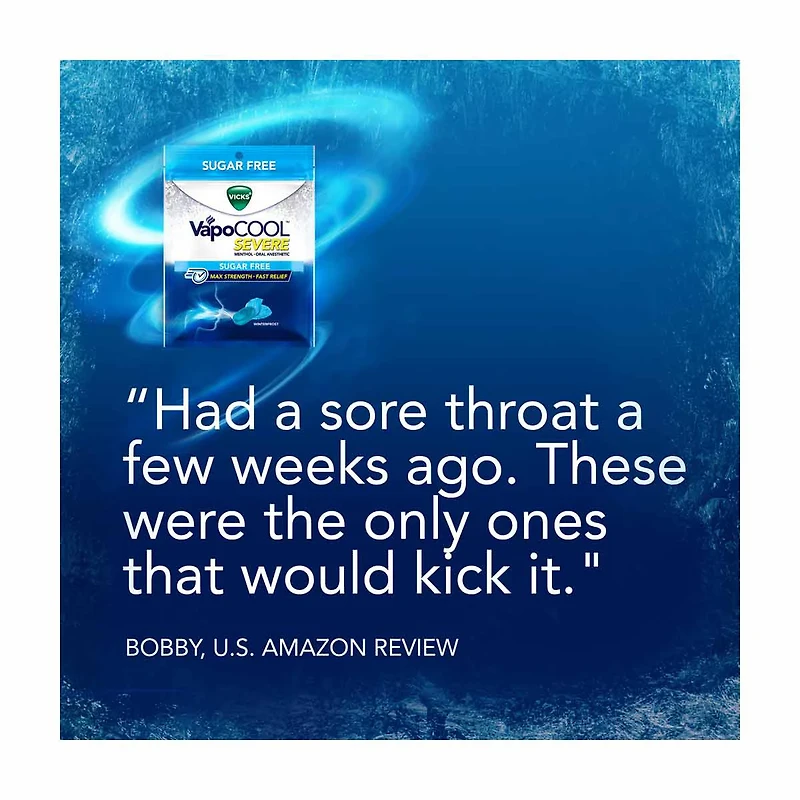 Vicks VapoCool Severe Sugar Free, Medicated Sore Throat Drops, Max Strength Menthol, Soothes Sore Throat Pain, Winterfrost Flavor, 30 ct
