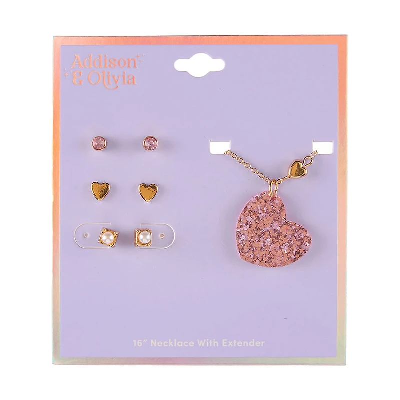 Addison & Olivia Glitter Heart Necklace and Earring Set