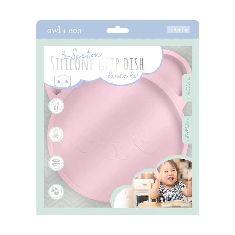 Owl & Coo 3-Section Silicone Grip Dish, Panda, Pink