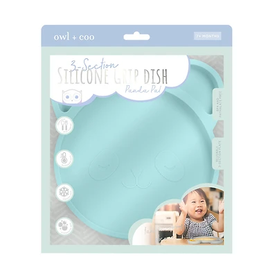 Owl & Coo 3-Section Silicone Grip Dish, Panda, Blue