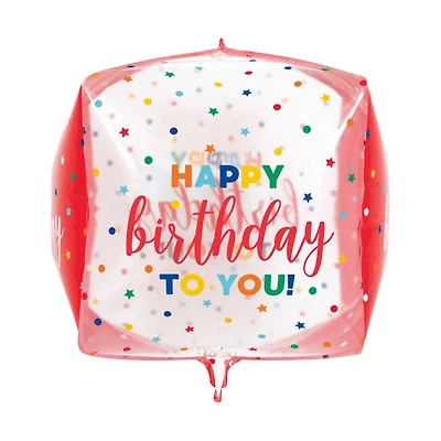 Dots & Stars Happy Birthday Cube-Shaped Foil Balloon, 15 in