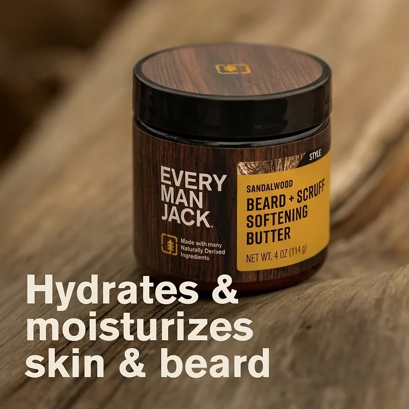 Every Man Jack Sandalwood Hydrating Beard + Scruff Softening Butter for Men, Naturally Derived, 4 oz