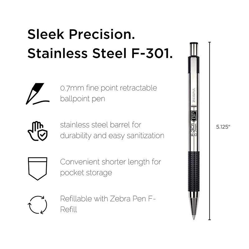Zebra Pen F-301 Retractable Ballpoint Pen, 0.7mm Medium Point, Black Ink