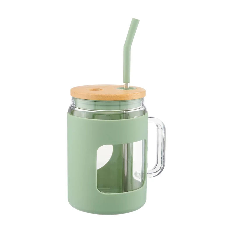 Glass Water Bottle with Handle, Green Silicone Sleeve, Bamboo Lid and Straw, 41 oz.