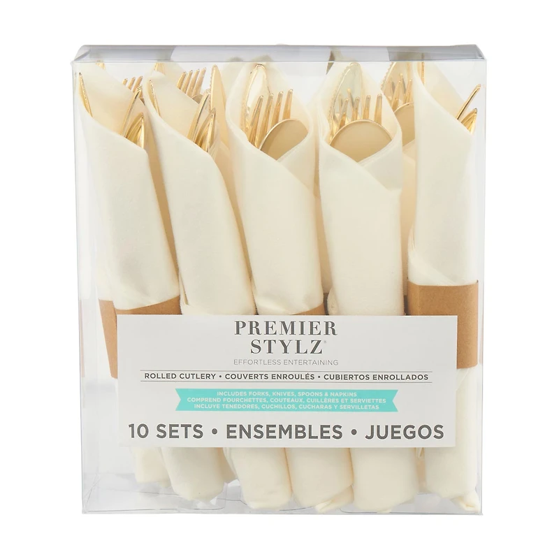 Gold Pre-Rolled Plastic Cutlery Sets, 10 ct