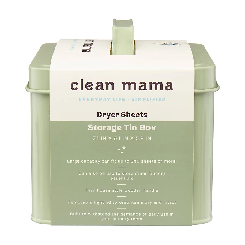 Clean Mama Laundry Dryer Sheet Sage Green Tin Storage Box