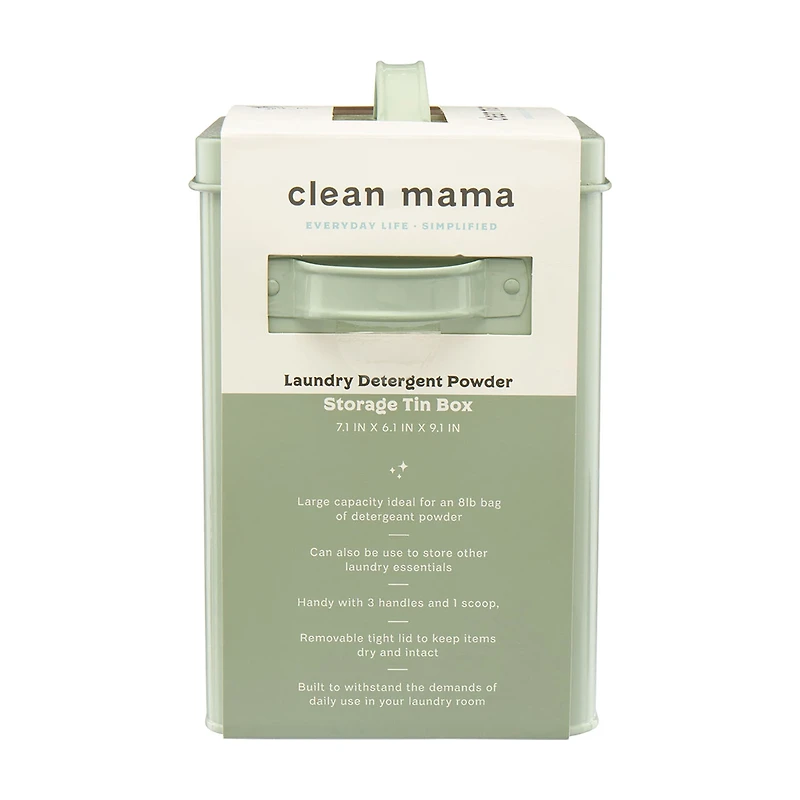 Clean Mama Sage Green Tin Laundry Powder Detergent Storage Bin with Scoop