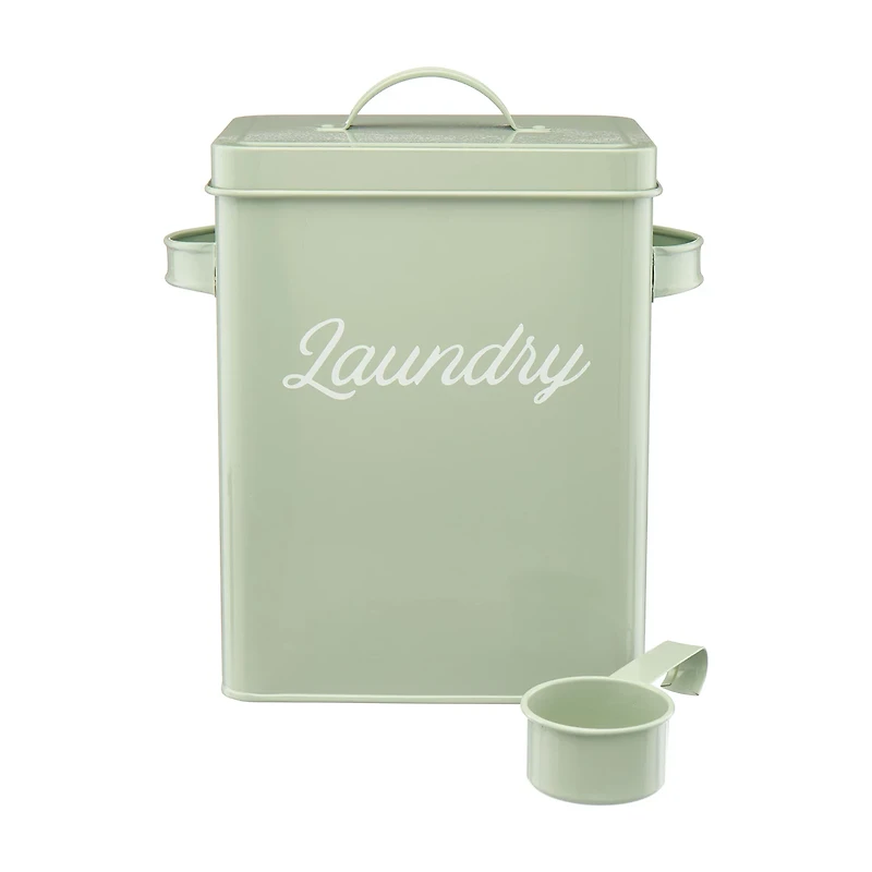 Clean Mama Sage Green Tin Laundry Powder Detergent Storage Bin with Scoop